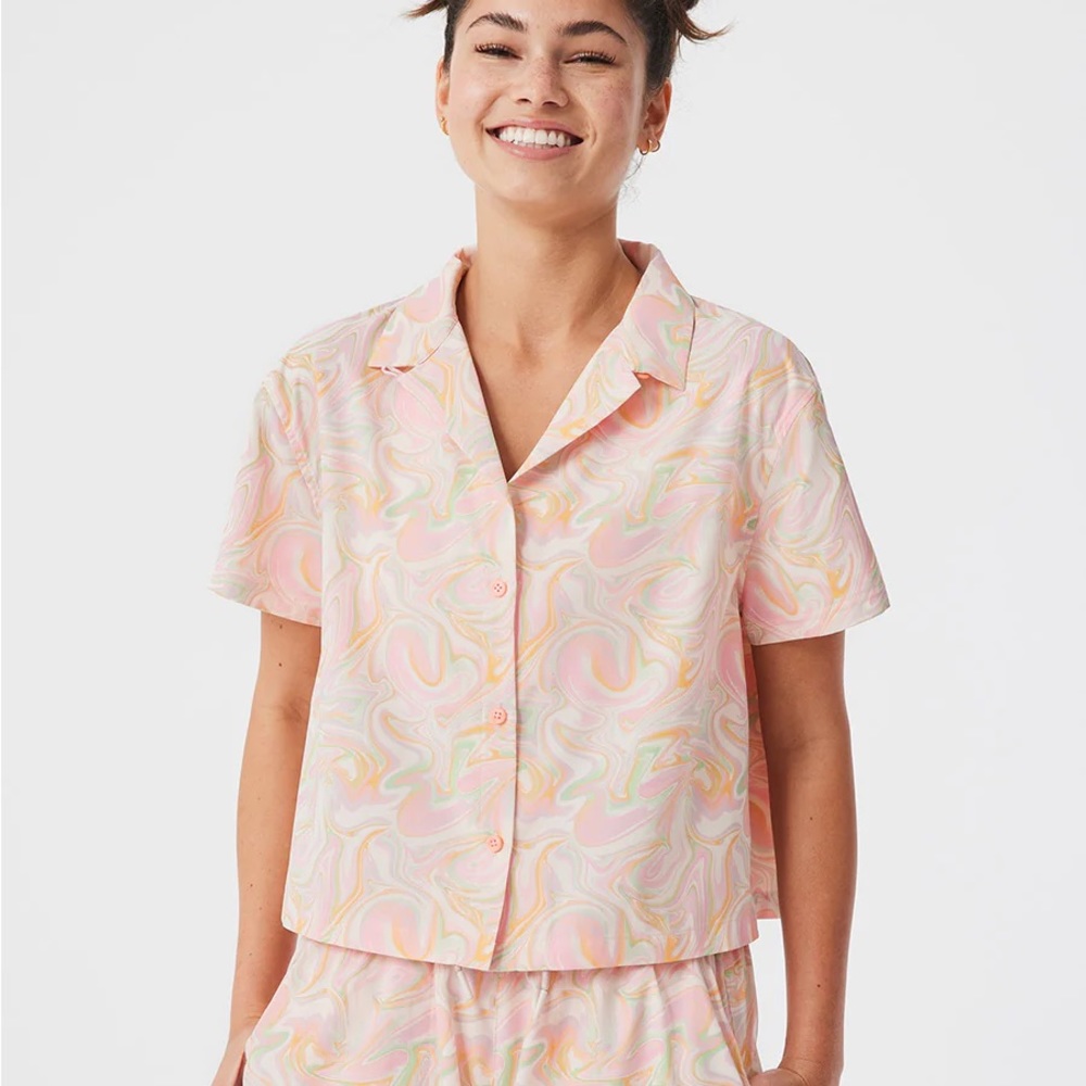 Outdoor Voices Pink Swirl Short Sleeve Button-Up Top